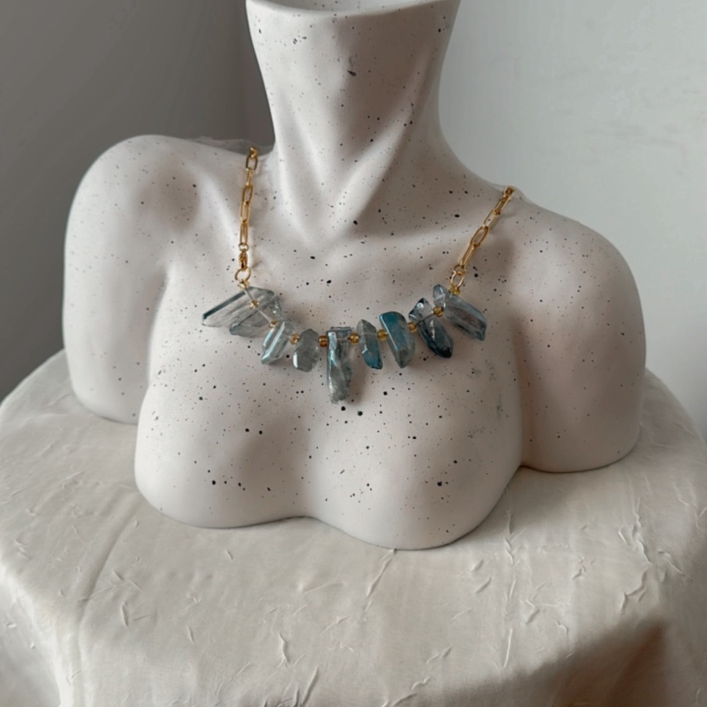 18K GOLD PLATED PAPERCLIP NECKLACE SMOKEY BLUE QUARTS 20.75” - Picture 6 of 7